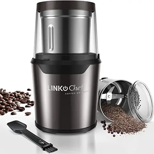 Produktbild: LINKchef Kaffeemühle Elektrisch und Gewürzmühle, Kräutermühle, Kaffeebohnenmühle, Nass- und Trockenmühle mit 1 abnehmbaren Edelstahlschale, Max 80g Kapazität, 12 Tassen Kaffee, Schwarz