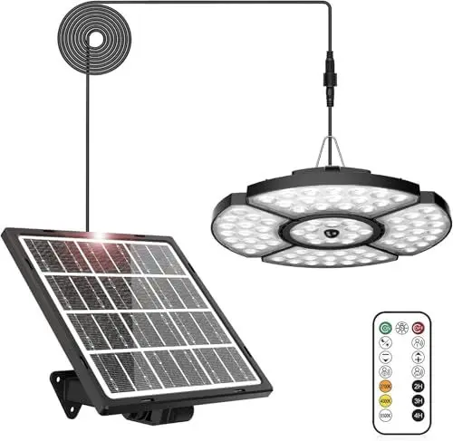 Produktbild: Linke Solarlampen für außen, 76 LED Solar Hängeleuchte, 270° verstellbare Solar Bewegungsmelder Leuchte mit Fernbedienung, 6 Modi 4 Verformte Köpfe Sicherheitsleuchte für Haus Hof Garage