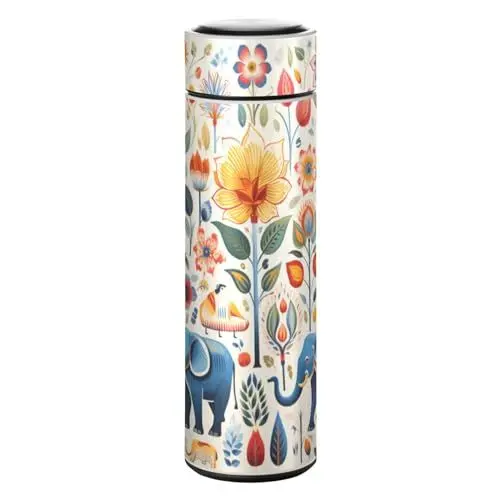 Produktbild: LINNIKEEEE Blumenmuster-Kunstelefanten Thermosflasche aus Edelstahl - Auslaufsicher Wasserflasche Wasserkanne für Jungen Mädchen