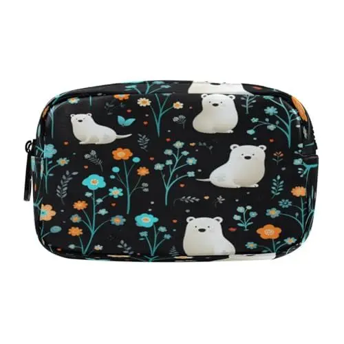 Produktbild: LINNIKEEEE Blumenmuster Eisbären Federmäppchen, Kosmetiktasche,Make-Up-Tasche,Studenten-Stiftetui für Mädchen Jungen