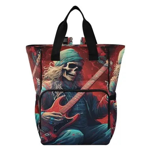 Produktbild: LINNIKEEEE Cooler Musik Totenkopf Weihnachtsmann Wickeltasche,Reiserucksack,Große Kapazität,Tragetasche für Mütter,für Väter Frauen und Mädchen