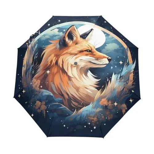 Produktbild: Linnyio Ausgefallener Aquarellfuchs Automatischer Sonnenschutz Regenschirm - Windfest, Kompakt & Leicht - Idealer Reiseschirme für Jungen Mädchen