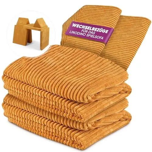Produktbild: Linodino® Cord Wechselbezüge für Spielsofas | Kindersofa Cover Set 4-Teilig | Ersatz Bezug Set für Kinder Sofas | Sofabezug | Gänseblümchen Gelb