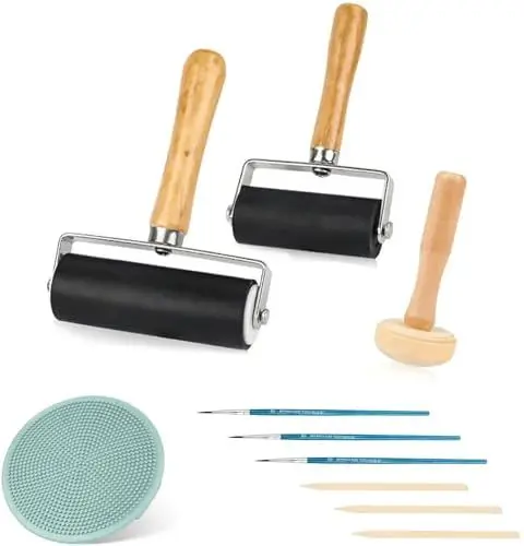 Produktbild: Linoldruck Set, 2 Stück Robuste Gummiwalze Andrückrolle mit 1 Pilzwalze 1 Gravur Linolschnitt Werkzeug für Malerei Druck Tinten Tapeten Kunsthandwerk (6cm,10cm)