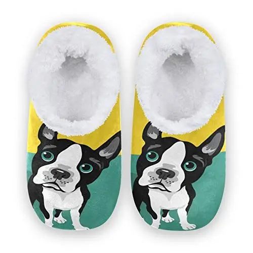 Produktbild: linomo Süß Boston Terrier Hund Hausschuhe für Unisex Damen Männer Winter Hausschuhe Wärme Drinnen Hausschuhe Schlafzimmer Socken Schuh
