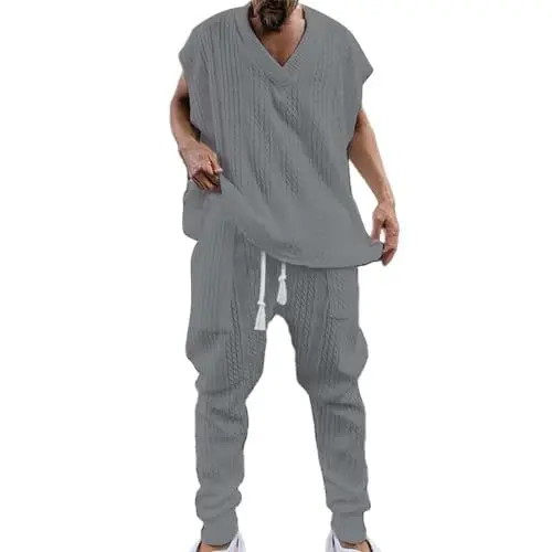 Produktbild: LinRim Blauer Herrenanzug -Weste, Langer Hose und Zwei ärmellosen Hemdhosen Kleidersack Kurz (Grey, XXXL)