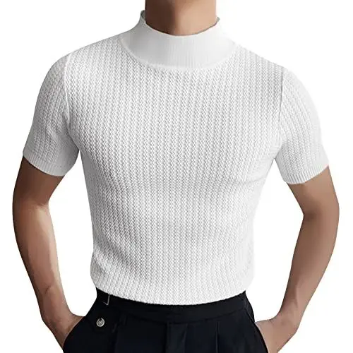 Produktbild: LinRim Sportuhr und gestrickt Stehkragen Kurzarm einfarbig plissiert Rundhals lässig T-Shirt Top Vibrationsalarm (White, S)