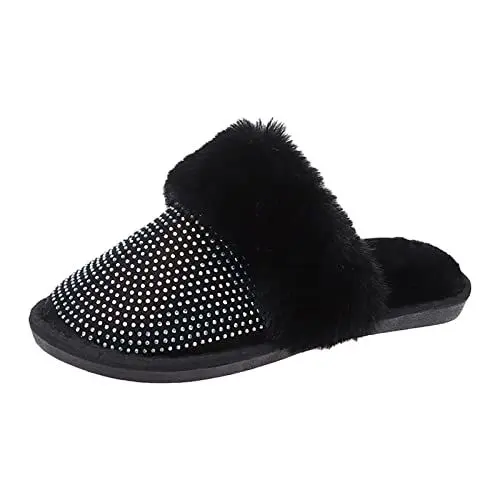 Produktbild: LinRim Winter Schuhe Damen Hoch Pelzigen Flache Hause Winter Runde Zehe Halten Warme Einfarbige Hausschuhe Schuhe Damenschuhe Gelb 40 (Black, 42)