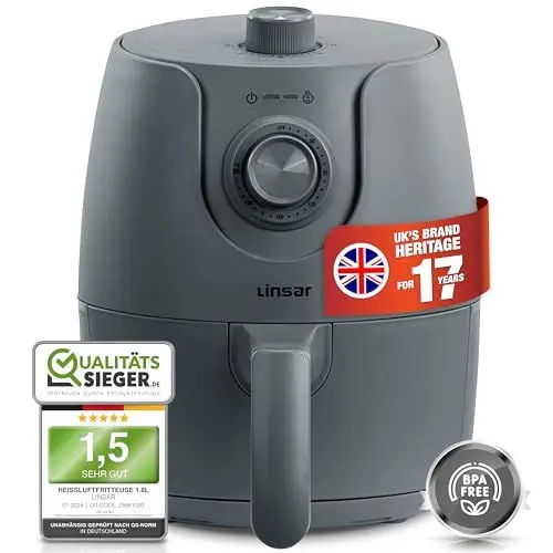 Produktbild: Linsar - Mini Heißluftfritteuse - 1,8L - Airfryer mit Timer und Warmhaltefunktion - Temperatur wählbar - Energiesparender & schneller als Backöfen - 1200 Watt - Klein (Grau)