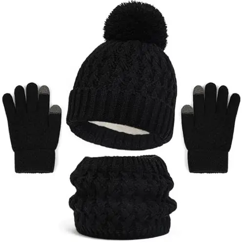 Produktbild: LINSOCLE 3in1 Kinder Wintermütze Schal Handschuhe Set, Mädchen Winter Schal Handschuhe Set, Jungen Warme ​Wintermütze Handschuhe Runder Schal Set für Kinder 2-6 Jahre