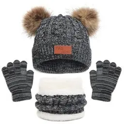 Produktbild: LINSOCLE 3in1 Kinder Wintermütze Schal Handschuhe Set, Strickmütze Babymütze Kinder Mütze Set, Jungen Warme Wintermütze Beanie Hut Handschuhe Runder Schal Set für Kinder 2-6 Jahre