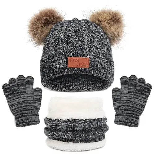 Produktbild: LINSOCLE 3in1 Kinder Wintermütze Schal Handschuhe Set, Strickmütze Babymütze Kinder Mütze Set, Jungen Warme Wintermütze Beanie Hut Handschuhe Runder Schal Set für Kinder 2-6 Jahre