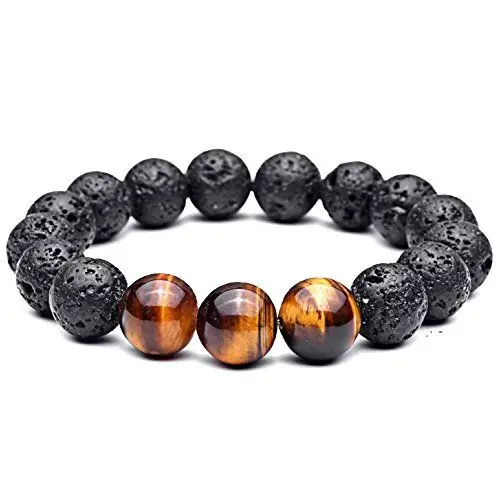 Produktbild: Lion & Son Lava-Armband Tigeraugen-Perlen Buddha-Armband Herren-Schmuck Braun Schwarz Handmade Naturstein Perlenarmband Hand gefertigt Geschenkidee Surferarmband Wasserfest, 20 cm
