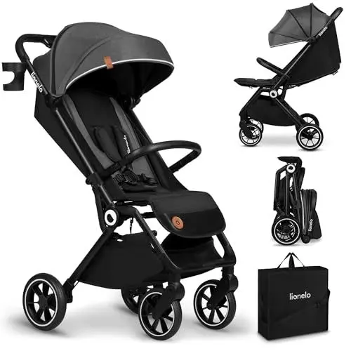 Produktbild: LIONELO Cloe Zusammenklappbarer Kinderwagen bis zu 22 kg, Verstellbare Rückenlehne Schlaffunktion, 5-Punkt-Gurt Große Schwenkräder Moskitonetz Becherhalter Leichtgewicht Kompakt Wasserdicht (Grau)