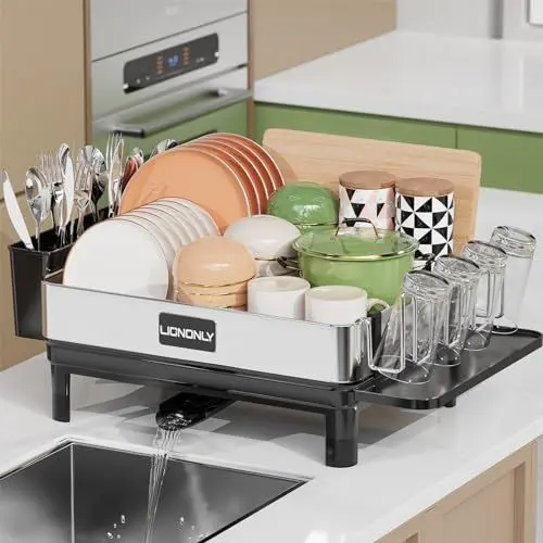 Produktbild: LIONONLY Geschirrabtropfgestell,Premium 304 Edelstahl Abtropfgestell Geschirr,Abtropfgestell für Spülbecken mit Abtropffläche,Einstellbarer Auslauf, Utensilienhalter und Becherhalter
