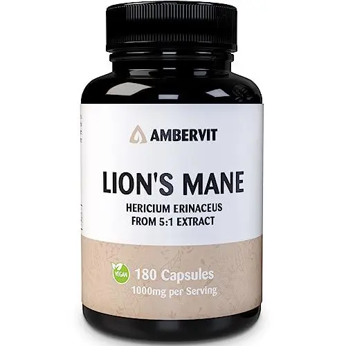 Produktbild: Lions Mane Mushroom - Löwenmähne Pilz - 180 Kapseln - 3 Monatsvorrat | Dual Extrakt Aus Dem Fruchtkörper | Vegan Lions Mane Kapseln keine künstlichen Füllstoffe | Ambervit