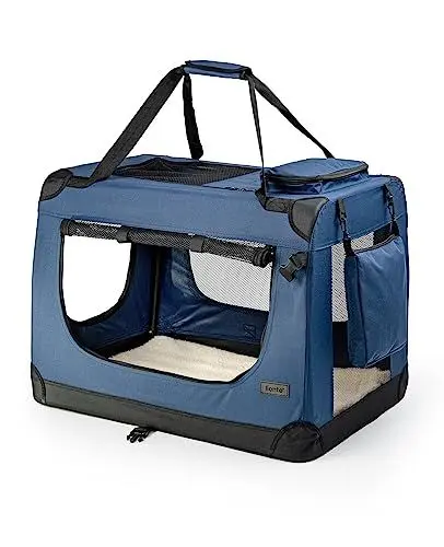 Produktbild: lionto Hundetransportbox faltbar für Reise & Auto, 70x52x50 cm, stabile Transportbox mit Tragegriffen & Decke für Katzen & Hunde bis 15 kg, robuste Hundebox aus Stoff für klein & groß, dunkelblau