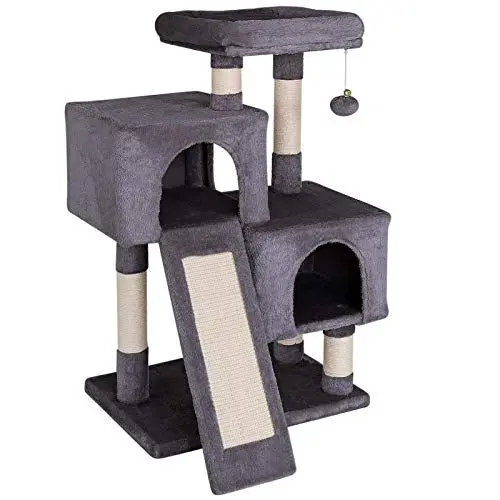Produktbild: lionto Kratzbaum für Katzen mit Plüschball inkl. Glöckchen & Kratzbrett, Höhe 90 cm, Katzenbaum mit Sisalseil & Plüsch, gemütliche Liegefläche & Höhlen, für kleine & große Katzen geeignet, dunkelgrau