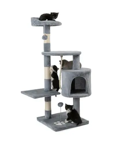 Produktbild: lionto Kratzbaum für Katzen mit 2 Plüschbällen & Spielseil, Höhe 112 cm, Katzenbaum mit Sisalseil & Plüsch, gemütliche Liegefläche & Höhle, inkl. Wandhalterung, für kleine & große Katzen, hellgrau