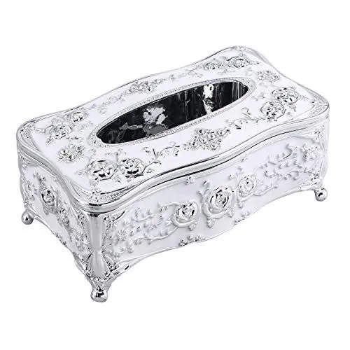 Produktbild: LIOOBO Tissue Box Viereck Kunststoff mit Spitze Kante Blumen Muster Kosmetiktücherbox Taschentuchspender (Silber)
