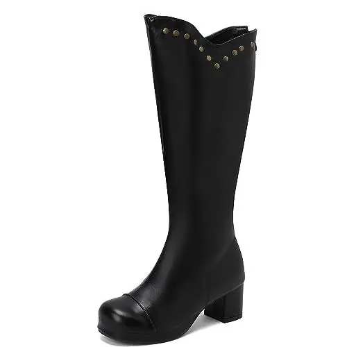 Produktbild: LIPIJIXI Black Knee Hohe Stiefel GoGo Stiefel of the 70s Runde Zehen Disco Stiefel Chunky Heels Rivet Plateau Stiefel Lack Back Zipper Hohe Stiefel Size 44