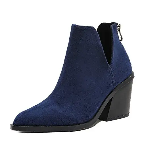 Produktbild: LIPIJIXI DaHerren Casual Cut Out Knöchel Stiefel High Absatz Chunky Ohne Verschluss Stiefeletten Pointed Toe Stacked Heeled Kurze Stiefel Buro Heels Blue Size 43