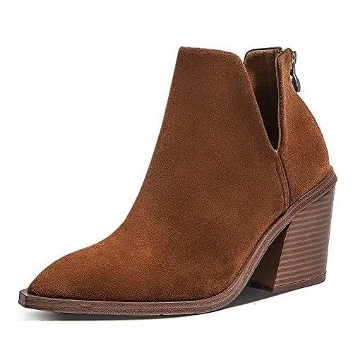 Produktbild: LIPIJIXI DaHerren Casual Cut Out Knöchel Stiefel High Absatz Chunky Ohne Verschluss Stiefeletten Pointed Toe Stacked Heeled Kurze Stiefel Buro Heels Brown Size 39