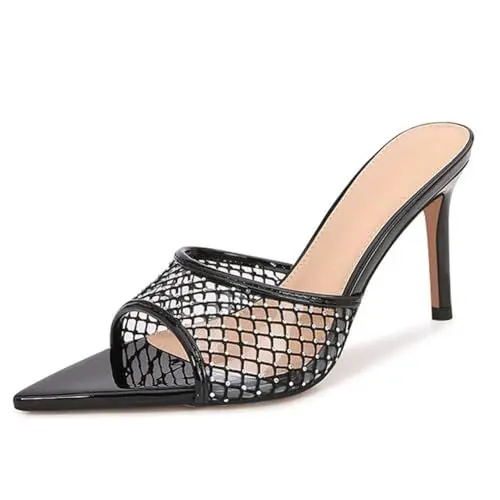 Produktbild: LIPIJIXI DaHerren High Stiletto Heeled Spitze Mule Sandalen Pointed Toe Rhinestone Mesh Heels Sexy Hochzeit Party Dress Black Schuhe Size 9
