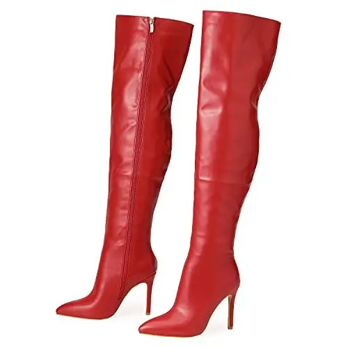 Produktbild: LIPIJIXI DaHerren Solid Slouchy Pointed Toe Stiletto Over The Kniestiefel Zipper Sexy Clubwear Thigh Hohe Stiefel Party Heel Stiefel Lack Red Size 38