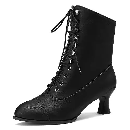 Produktbild: LIPIJIXI Damens Kitten Heel Victorian Stiefel Black Schnüren Knöchel Stiefel für Frauen Low Heel Jahrgang Granny Stiefel Hochzeit Party Jeans Stiefeletten Size 9.5