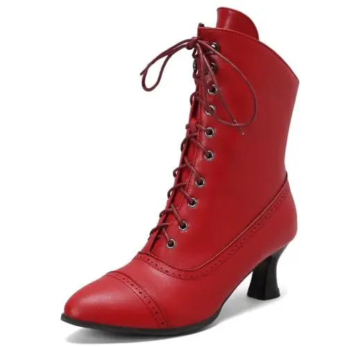 Produktbild: LIPIJIXI Damens Kitten Heel Victorian Stiefel Red Schnüren Knöchel Stiefel für Frauen Low Heel Jahrgang Granny Stiefel Hochzeit Bridal Party Stiefeletten Size 3