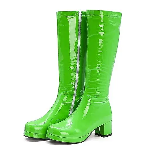 Produktbild: LIPIJIXI Green Knee Höhe Stiefel GoGo Stiefel of the 70s Runde Zehen Disco Stiefel Absatz Chunky Plateau Stiefel Lack Side Zipper Höhe Stiefel Size 41