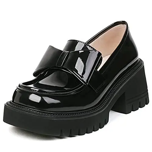 Produktbild: LIPIJIXI Mode Plateau Loafers für Frauen Gemütlich Chunky Heel Ohne Verschluss Bow Penny ScHohe Süßs Loafers witHoheel Runde Zehen Pump Black Size 34