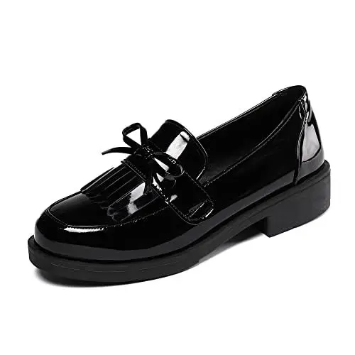 Produktbild: LIPIJIXI Mode Plateau Loafers für Frauen Slip-On Penny Loafers with Wedge Heel Runde Zehen Low Loafers Quasten Schule Schuhe Lack Black Size 36