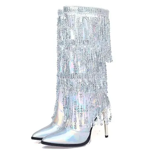 Produktbild: LIPIJIXI Sequined Franse Knee Höhe Stiefel Sparkly Quasten Pointed Toe Stiletto Heel Bling Lange Stiefel Silver Clubwear Abend Performance Stiefel Size 10
