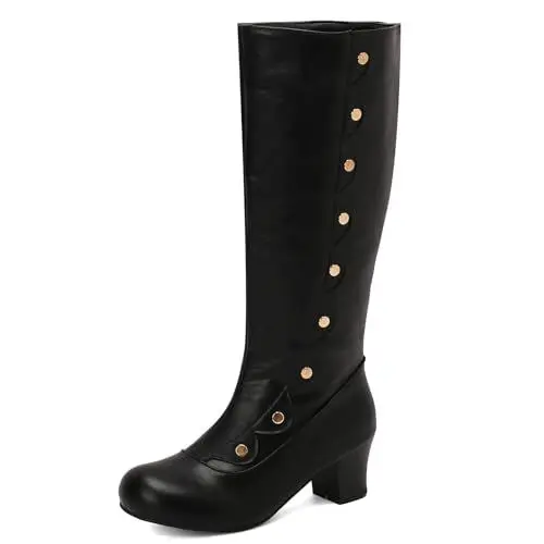 Produktbild: LIPIJIXI Wide Calf Knee Hohe Stiefel GoGo Stiefel of the 70s Runde Zehen Disco Stiefel Chunky Heels Studded Rivet Lange Stiefel Lack Black Back Zipper Hohe Stiefel Size 6