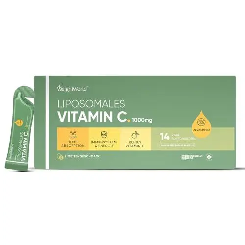 Produktbild: Liposomales Vitamin C flüssig - 1000mg Vitamin C - Für Immunsystem, Knochen & Zähne (EFSA) - 14 Beutel - Vegan, Zuckerfrei & Limettengeschmack - Hohe Absorption & Bioverfügbarkeit - WeightWorld