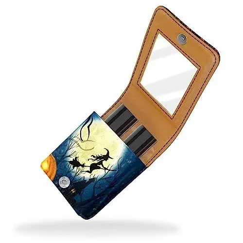 Produktbild: Lippenstift-Etui, Kosmetiktasche, Kosmetik-Organizer, Reise-Make-up-Tasche, Lippenstifthalter mit Spiegel für Geldbörse,Halloween Kürbislaterne Nachthexe