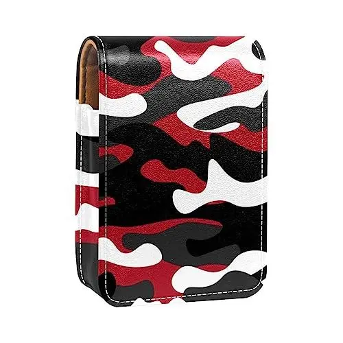 Produktbild: Lippenstift-Etui mit Spiegel für Geldbörse, tragbar, Mini-Make-up-Tasche, Reise-Kosmetiktasche, Kunstleder-Lippenstift-Etui, Halter für Frauen, Damen, Geschenke,Rot graue Camouflage Mode