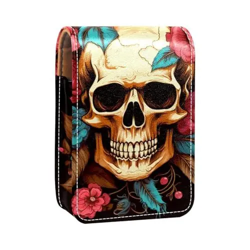 Produktbild: Lippenstiftetui,Lipgloss Lippenstift Organizer aus Leder mit Spiegel,Mini Lippenstifthaltertasche,Blumen Halloween mexikanische Schädel