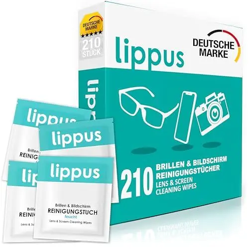 Produktbild: lippus Premium Brillenputztuch (210 STÜCK) – Für alle Brillen, Bildschirme & Kameras geeignet – Schlieren- und Rückstandsfrei – Reinigt & desinfiziert
