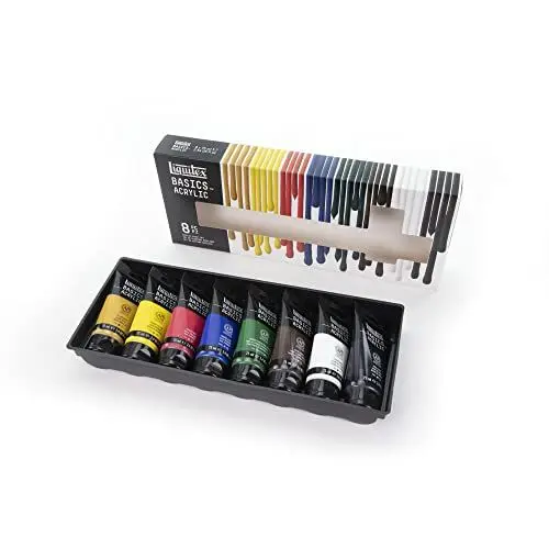 Produktbild: Liquitex 3699396 Basics Acrylfarben Set – 8 x 75ml Tuben, lichtechte Künstler-Acrylfarben, brillante Farben, ideal für Leinwand, Acrylmalerei, Mixed Media & kreative Projekte