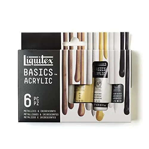 Produktbild: Liquitex 3699399 Basics Acrylfarben Set Metallic/Irisierend – 6 x 22ml Tuben, lichtechte Künstler-Acrylfarben, brillante Farben, ideal für Mixed Media, Acrylmalerei & Modellbau