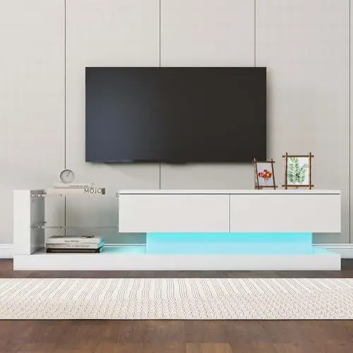 Produktbild: LIRDDY TV-Schrank, TV Lowboard，Moderner weißer TV Schrank mit 16-Farbiger LED-Beleuchtung, Stilvoller tv Sideboard für 60 Zoll TV, fernsehschrank mit Glasfächern 140 x 38 x 38 cm