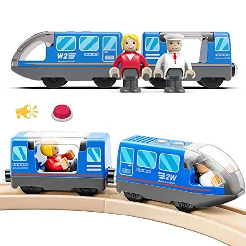 Produktbild: LiRiQi Eisenbahn elektrische lok Holzeisenbahn Zug, Batteriebetriebener Lokomotivzug, Leistungsstarker Motorzug kompatibel mit Thomas, Brio, Spielzeug für Kinder Kleinkind Junge, Blau