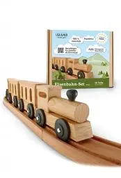 Produktbild: LISA & MAX Holzeisenbahn Set (14 Teile) im stilvollen Retro-Look - Made in EU aus FSC®- zertifiziertem Holz - für Kinder aus Naturfarben und ohne Plastik - Holz Eisenbahnen, Schienen und Holzzug