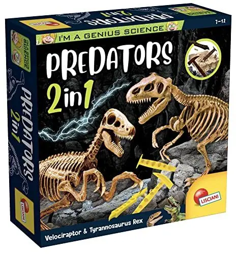 Produktbild: Lisciani –I'M A GENIUS Predators 2 in 1 T-rex + Velociraptor – Grabe die Blöcke aus und baue die Dinosaurierskelette – Wissenschaftliches Lernspiel für Kinder ab 7 Jahren – 95421