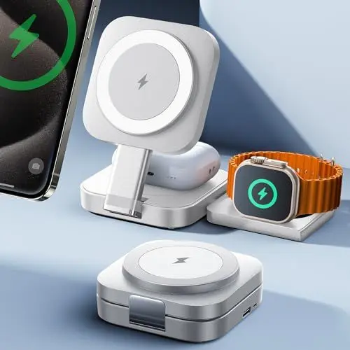 Produktbild: LISEN für 3 in 1 Ladestation Apple Watch Und iPhone Mehrere Geräte Magsafe ladegerät,Reisen Wireless Charger für iPhone Magsafe Stand Tragbar iPhone Apple Ladestation Fit Apple Watch Airpods,Weiß
