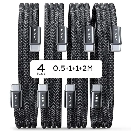 Produktbild: LISEN 60W USB C Kabel, (4er Pack, 0,5M 1M 1M 2M) USB C auf USB C Kabel Set, PD 3.0 Schnellladekabel USB C für iPhone 16, iPad Air/Pro, iPhone 15 Ladekabel, Samsung Galaxy, Xiaomi, Huawei, OnePlus