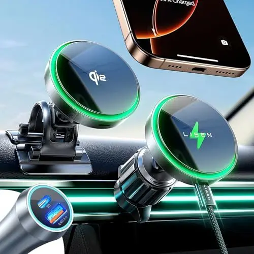 Produktbild: LISEN Qi2 Magsafe Autohalterung mit Ladefunktion 15W Induktive Ladestation Auto Magsafe Car Charger und USB C Auto Ladegerät Zigarettenanzünder Adapter für iPhone 16 15 14 13 12 Pro Max Plus Serie